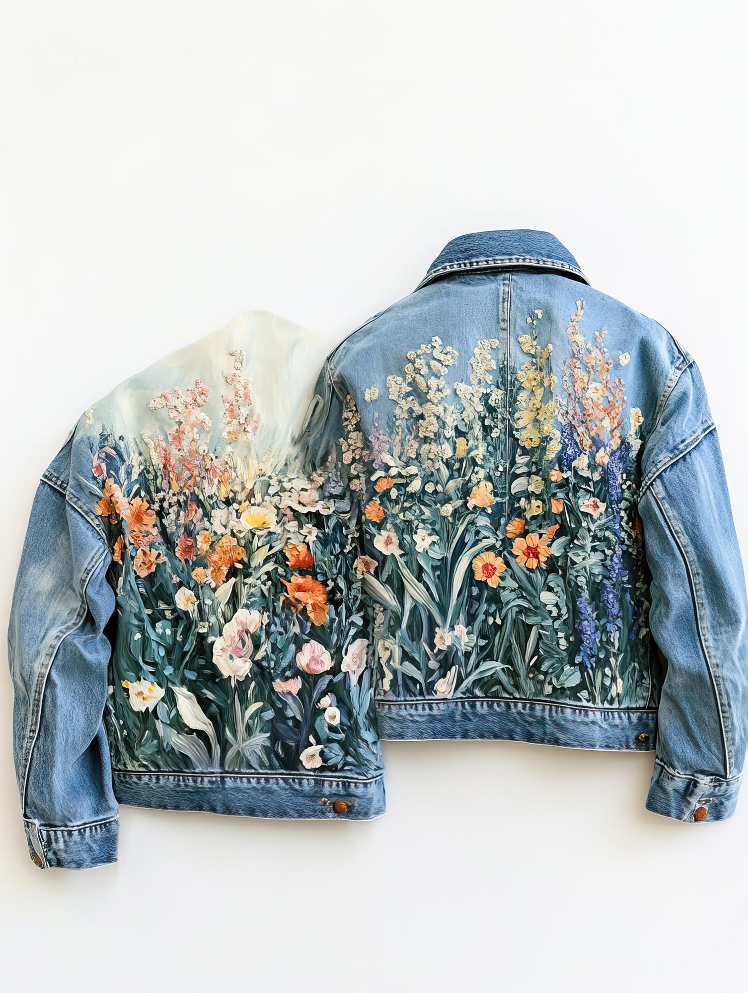 Hand embroidery floral motif on denim jacket