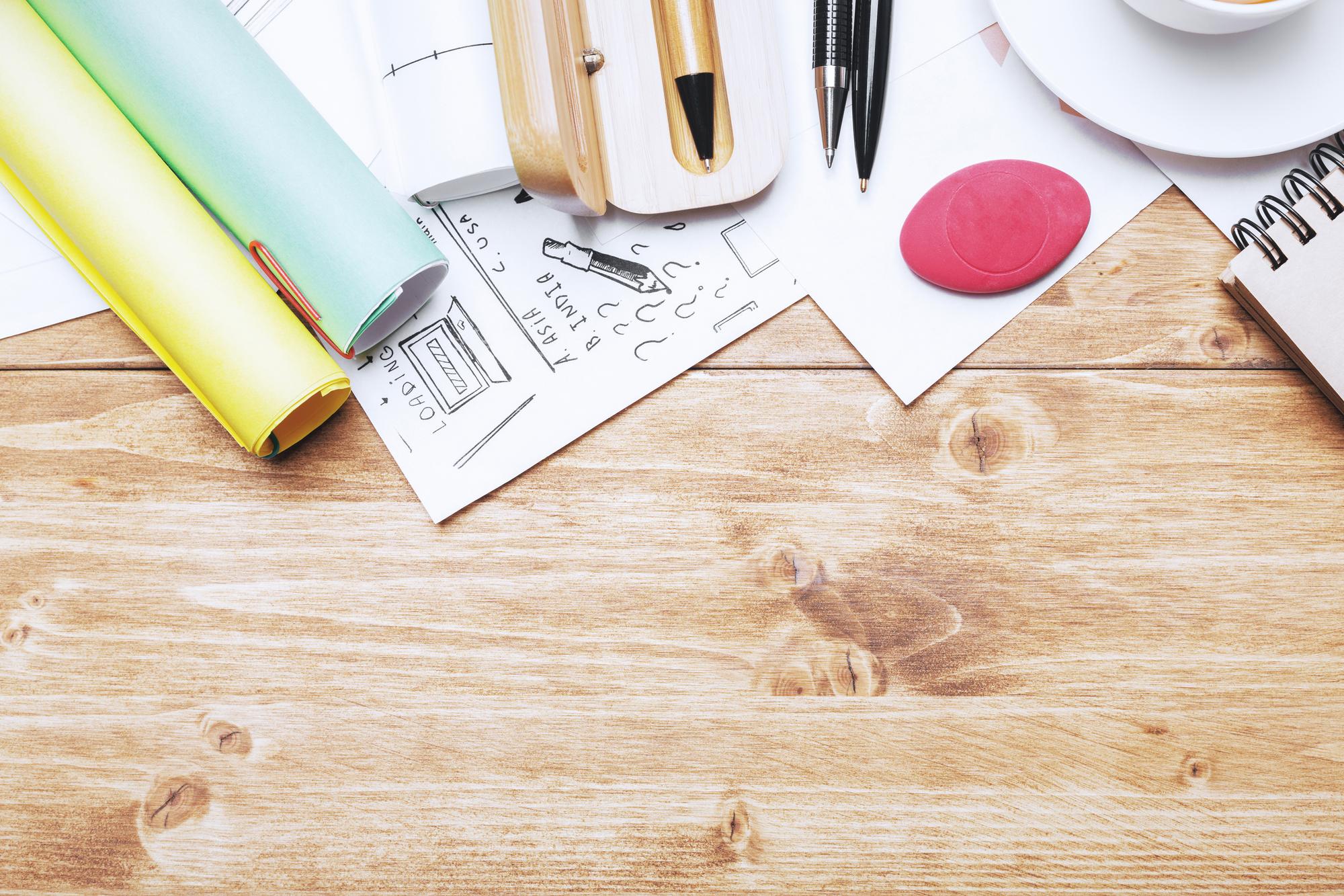 Workshop table with pattern sketches and samples